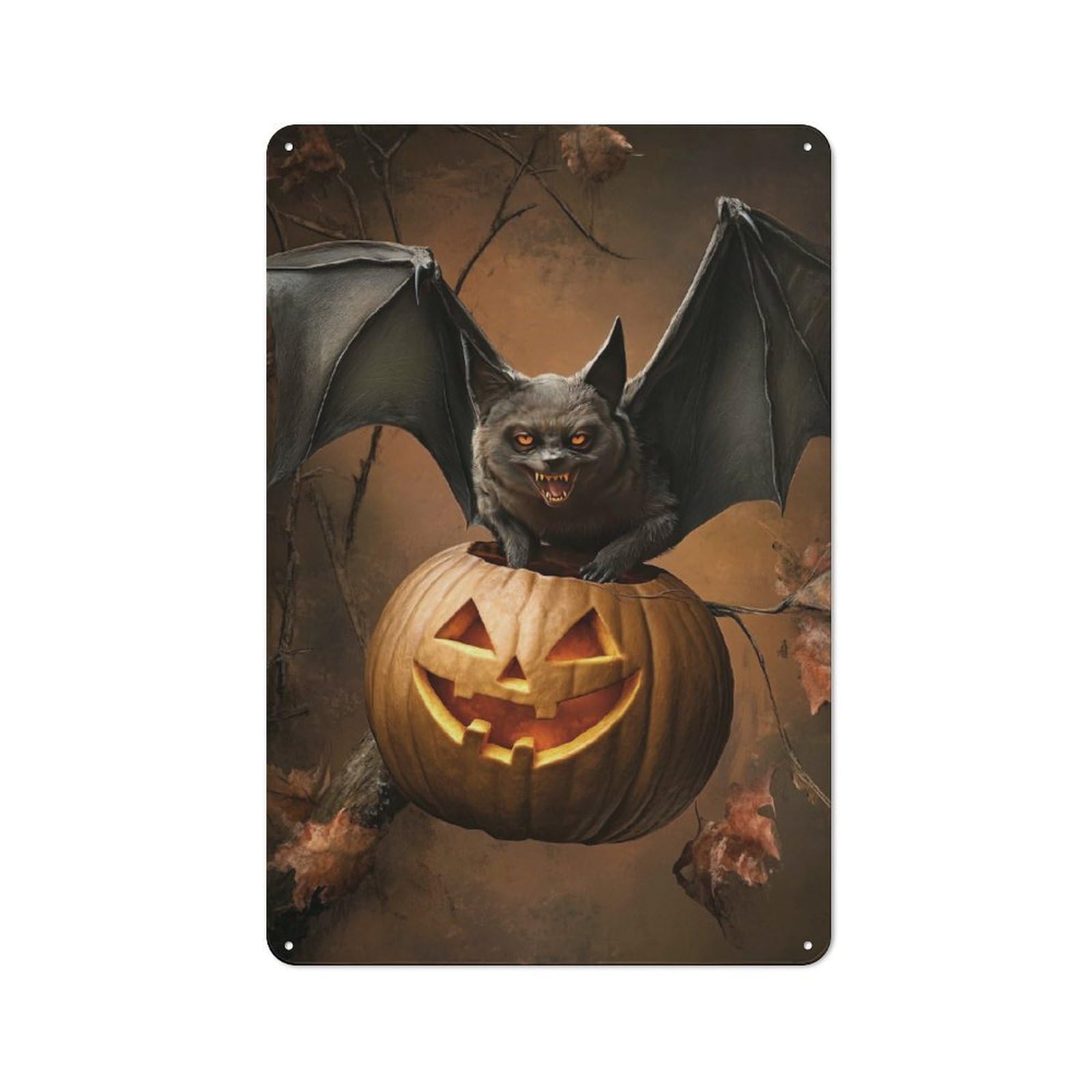 Junmoney Halloween Pumpkin And Bat Vintage Metal Wall Decor 30X20cm, Tin Sign For Cafe, Pub, Workshop Or Home Bar, For Casual British Interiors