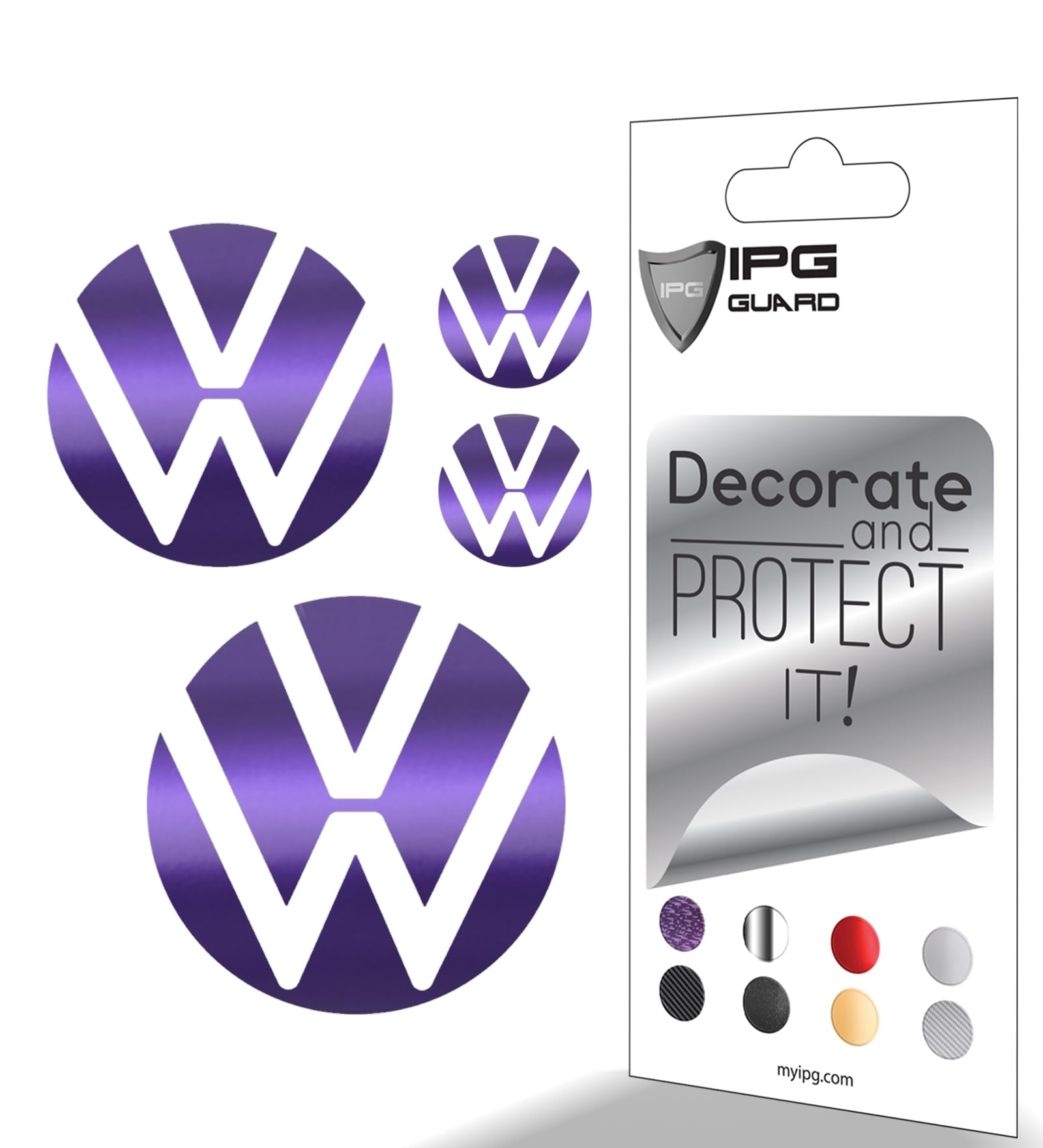IPG Decal Made for VW 2021 Passat Polo Tiguan Golf Rear/Front Emblem Logo Decals Stickers Set (4 Units) (Metallic Purple)