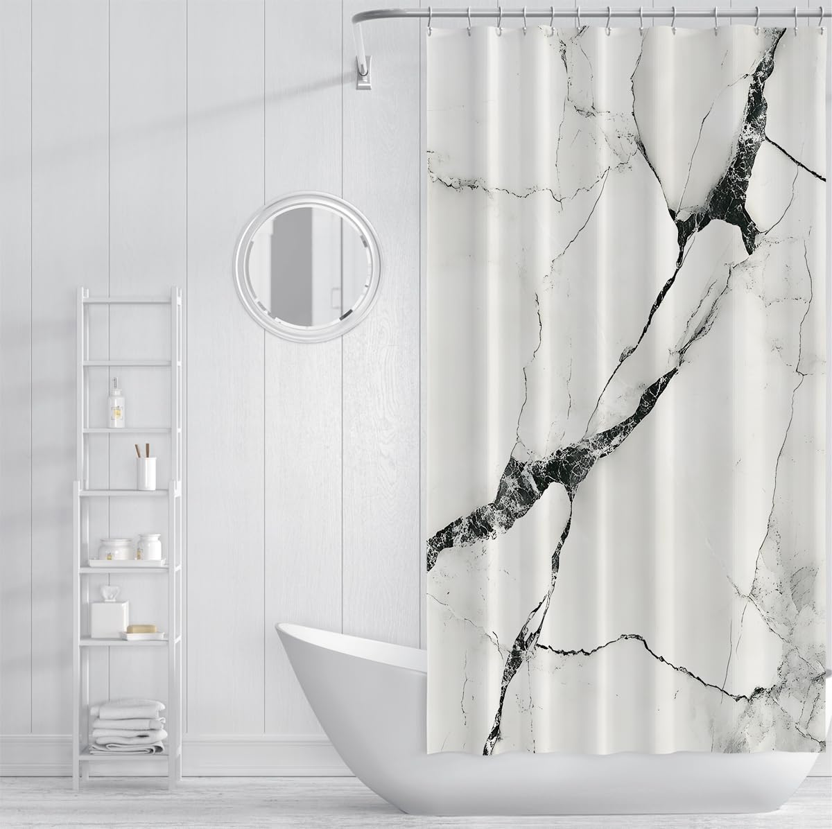 Badevorhang mit weißer Steinstruktur, Schwarze Streifen, geometrische fließende Kunst, Duschvorhang – minimalistische Badewannenvorhänge für Elegante Spa-Badezimmerdekoration 180 x 200 cm