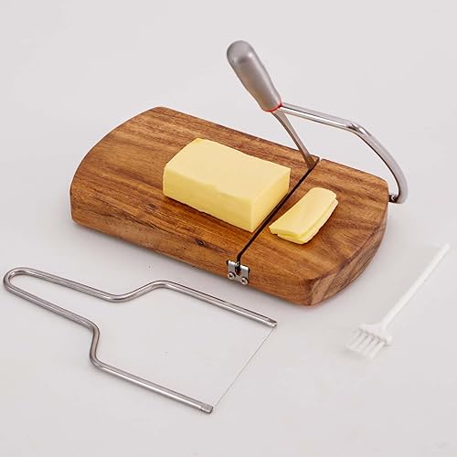 Miniatura 1 de ISZW Kit de rebanador de queso tabla de madera con cortador de acero inoxidable de mano y alambre de corte de queso, cepillo de limpieza incluido -
