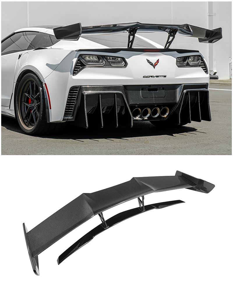 Replacement for 2014-2019 Chevrolet Corvette C7 Wide Body Models | ZR1 Extended Style Carbon Fiber Rear Trunk Lid High Wing Spoiler Tail Light with Installation Bracket