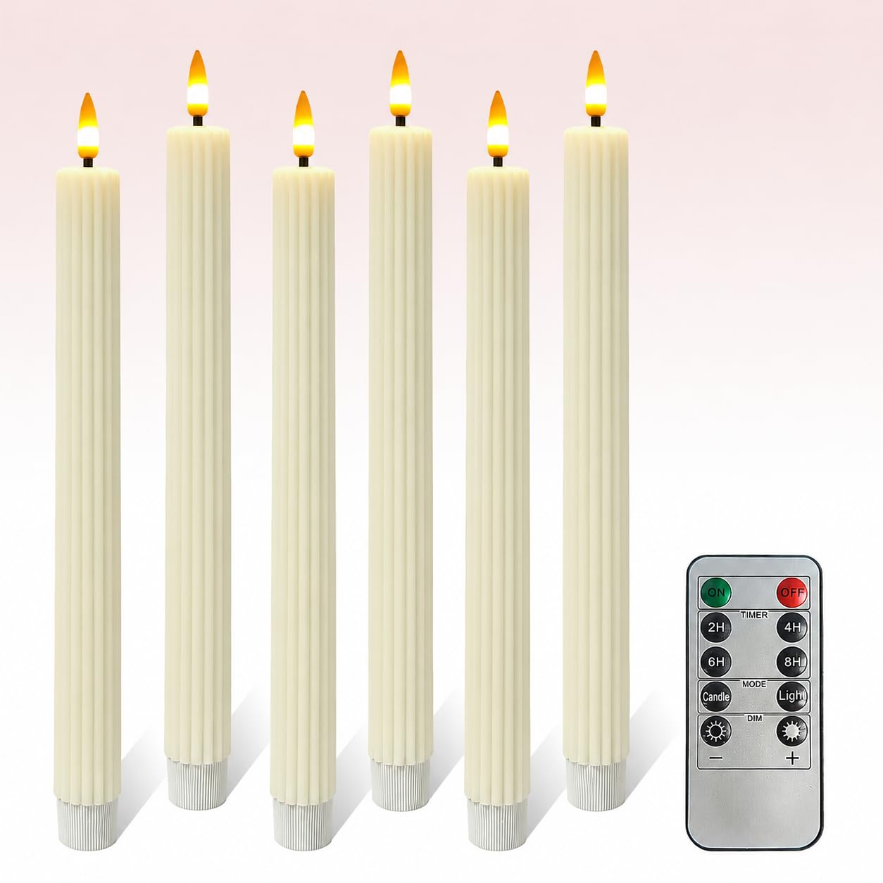 Lot de 6 bougies coniques cannelées rainurées sans flamme, blanc ivoire, 24 cm, bougies vacillantes avec télécommande et minuteur, bougies LED en cire véritable à piles pour fête de mariage