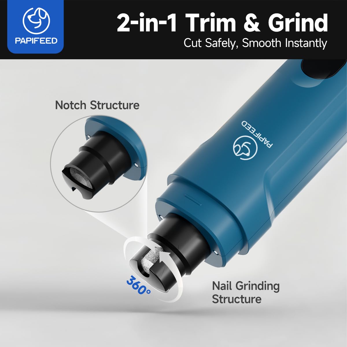 PAPIFEED Dog Nail Grinder with LED Light, Ultra Quiet 3-Speed Electric Nail File for Small Medium Large Dogs & Cats, Rechargeable Pet Nail Grinder with Trimmer (Blue) - image 2