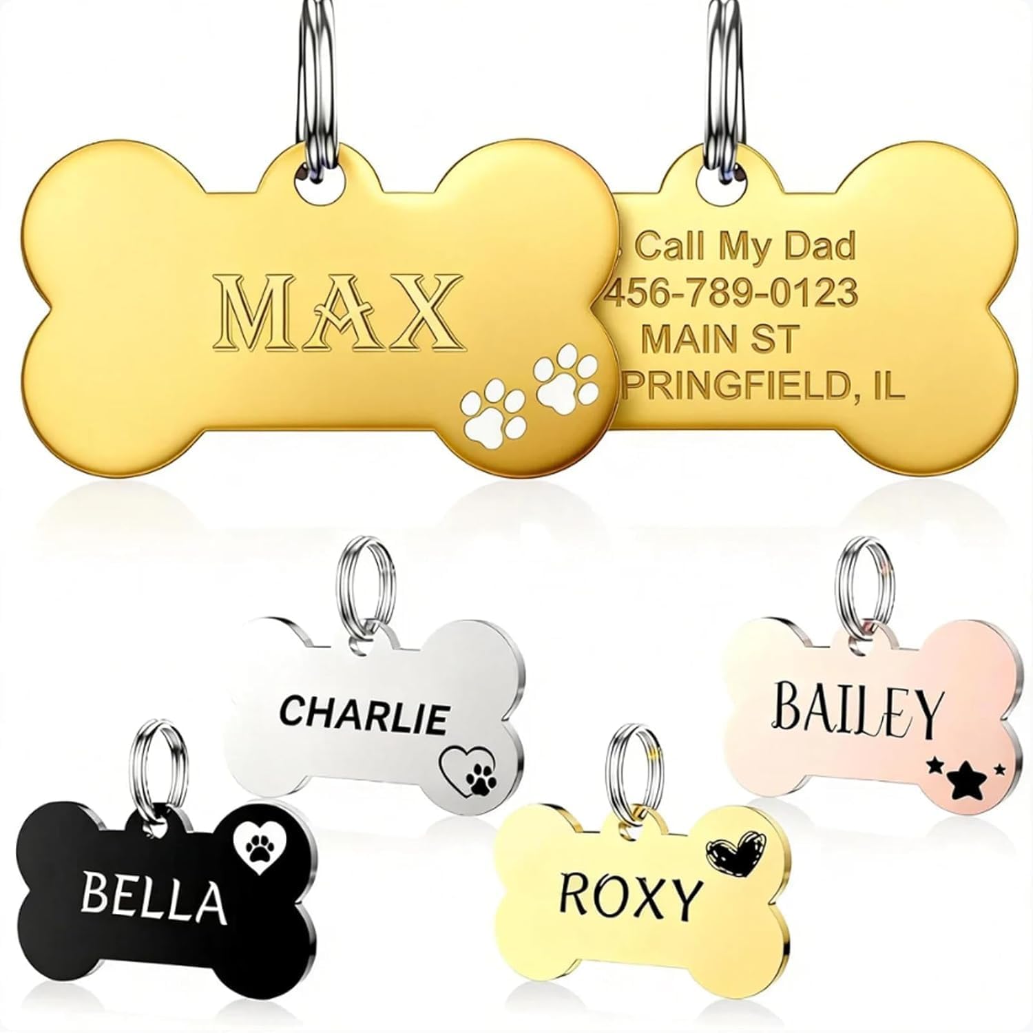 Personalized Pet ID Tags for Dogs Cats, Custom Engraved Stainless Steel Dog Name Tag, Bone Shape with Cute Icons, Durable Pet Collar Accessories (Bone-Golden)