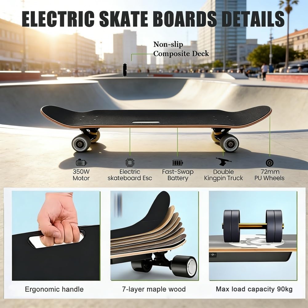 Longboard Elettrico con Telecomando e Display Intelligenti, Velocità Massima 25km/h e Autonomia 15km, Regolazione 4 Velocità per Adulti, Tavola in Stile Skate Elettrico che Supporta(8Km,Standard)