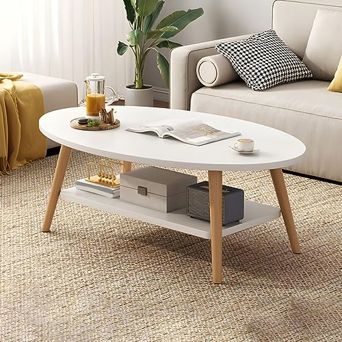 Mesa de Centro Ovalada Moderna con Estante Blanco, Mesa de cóctel de Madera estándar para Sala de Estar o apartamento, Mesa Auxiliar Elegante para sofá con Patas de Madera, 31,5' de Largo x