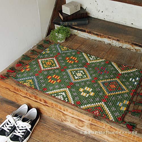 萩原 玄関マット 屋内 グリーン 約45×75cm 「クームース ヤード」 ウール100% 羊毛 手織り ノルディック エスニック