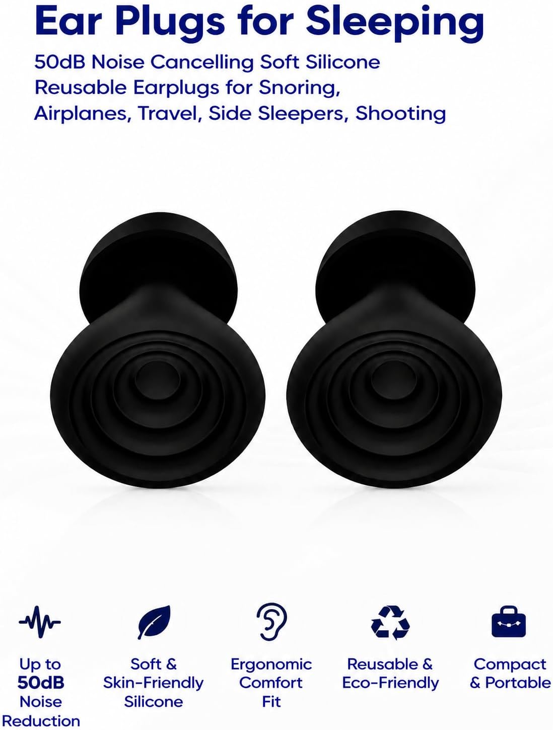Ear Plugs for Sleeping 50dB Noise Cancelling Soft Silicone Reusable Earplugs for Snoring, Airplanes, Travel, Side Sleepers, Shooting 4 Ear Tips + Case