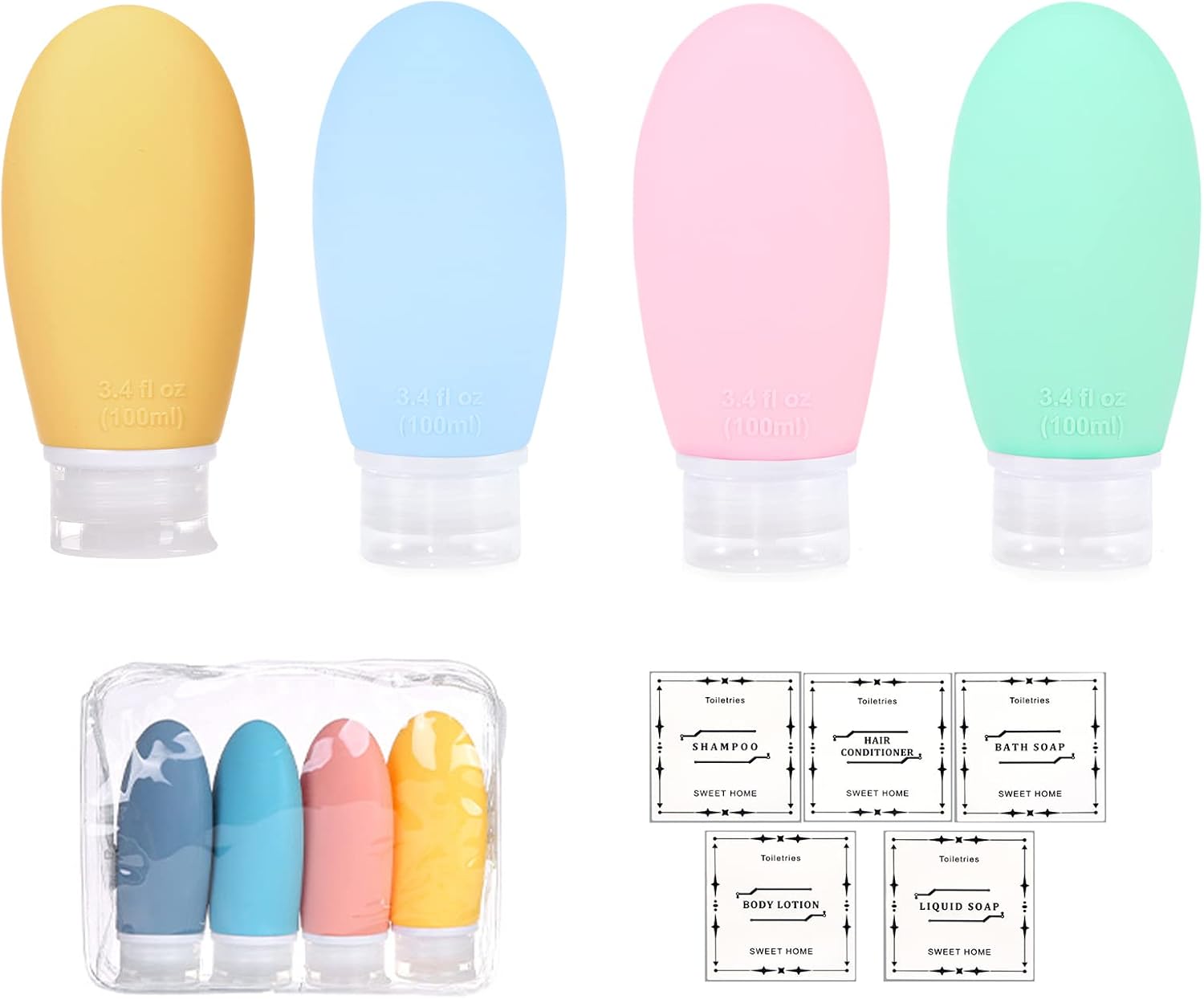 heedpeiur Silicone Travel Bottles For Toiletries，4 Pack Leak Refillable