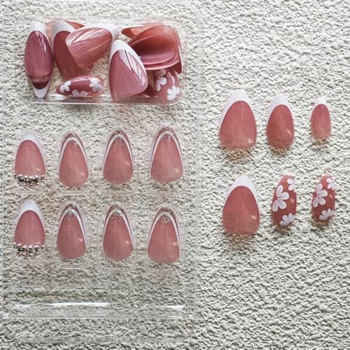 Image of White French Tip Press on Nails Short Almond Fake Nails Flower False Nail with Rhinestone Design Gold Glitter Glue on Nails Glossy Acrylic Nail Full Cover Nude Stick on Nail for Women Manicure 24Pcs
