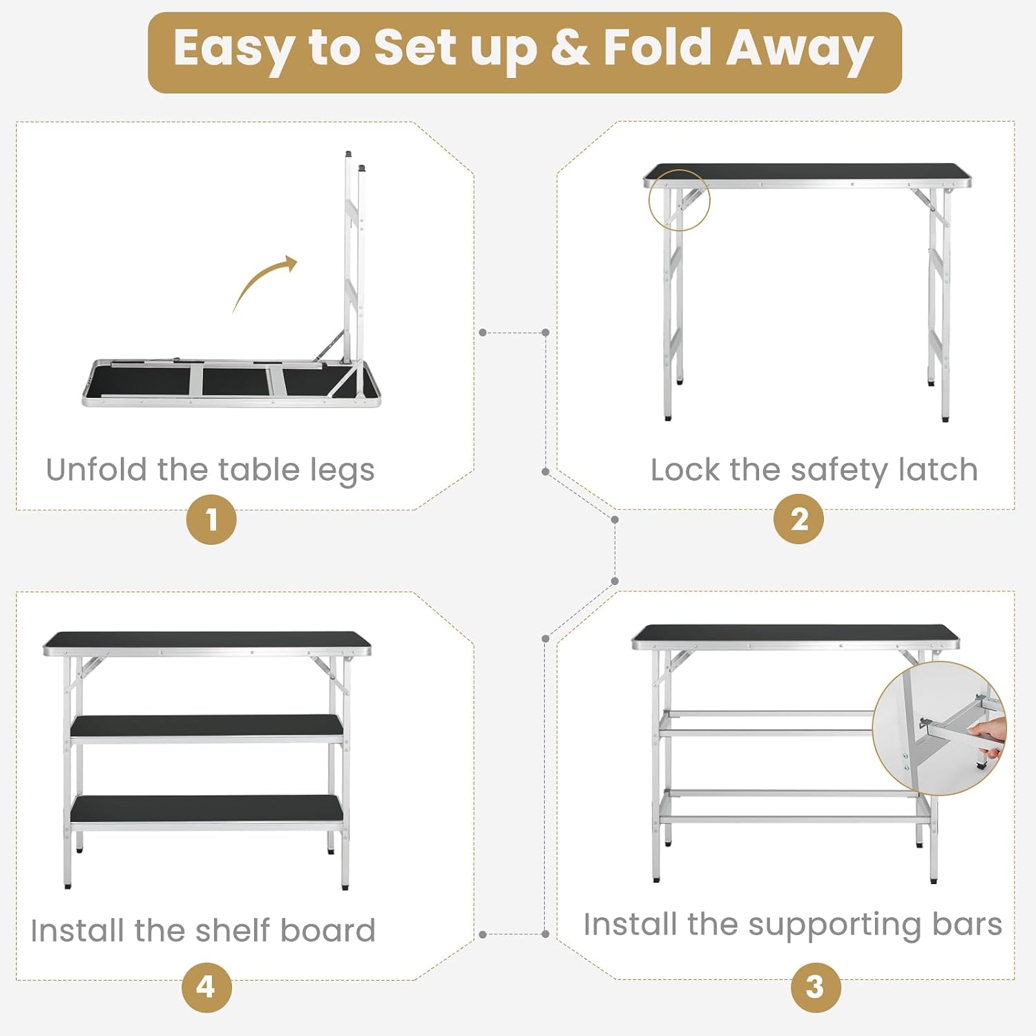 KOTEK Folding Camping Table with 2-Tier Storage Shelves, Removable Privacy Skirt & Carry Bag, Easy Setup, Portable Bar Table for Events, Party, Picnic, BBQ, Trade-Show and Indoor Use(43.5”L x 15”W)