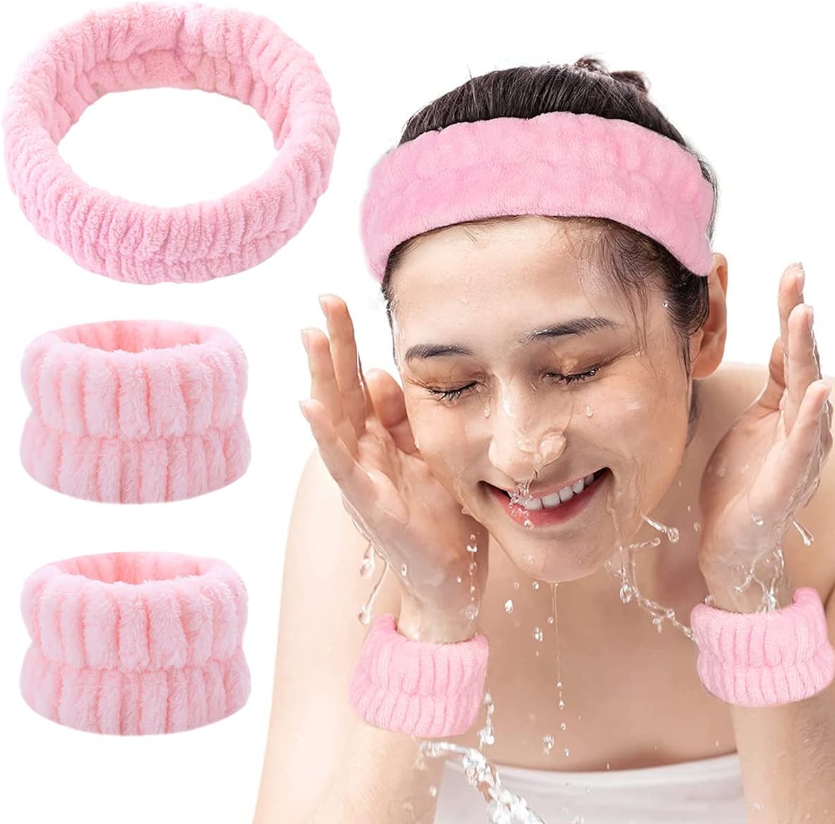 3Pcs Face Washing Headband Wristband Combo Kit, Microfiber Absorbent Hairband Wrist Wash Band Towel for Women Girls for Skincare Makeup Yoga Sport (Pink)