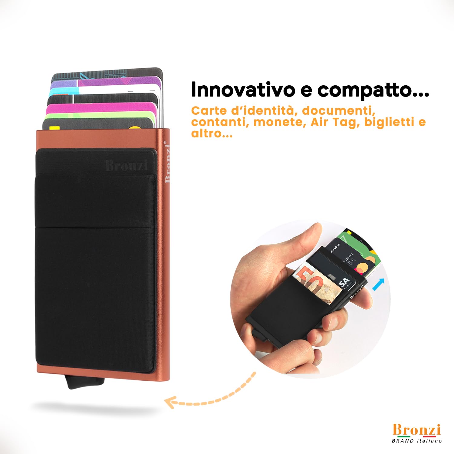 Bronzi® Portafoglio Porta badge Uomo Donna Slim Porta Carte Credito - Protezione RFID - Mini Portatessere tascabile smart schermato (Arancione-Nero)