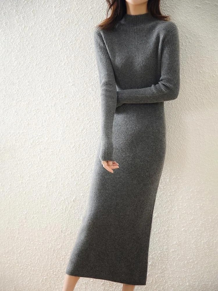 Women Knitted Dress Wool Sweater Autumn Winter Slim Knit Maxi Long Dresses Lady Pullover
