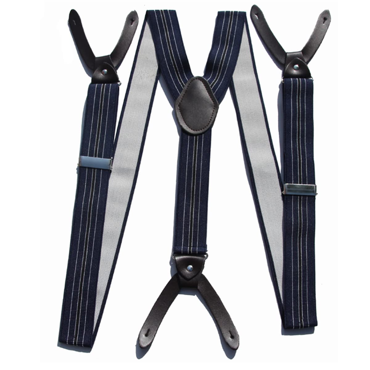 Suspenders for Men Button End Heavy Duty Big and Tall Adjustable Elastic (blue striped)