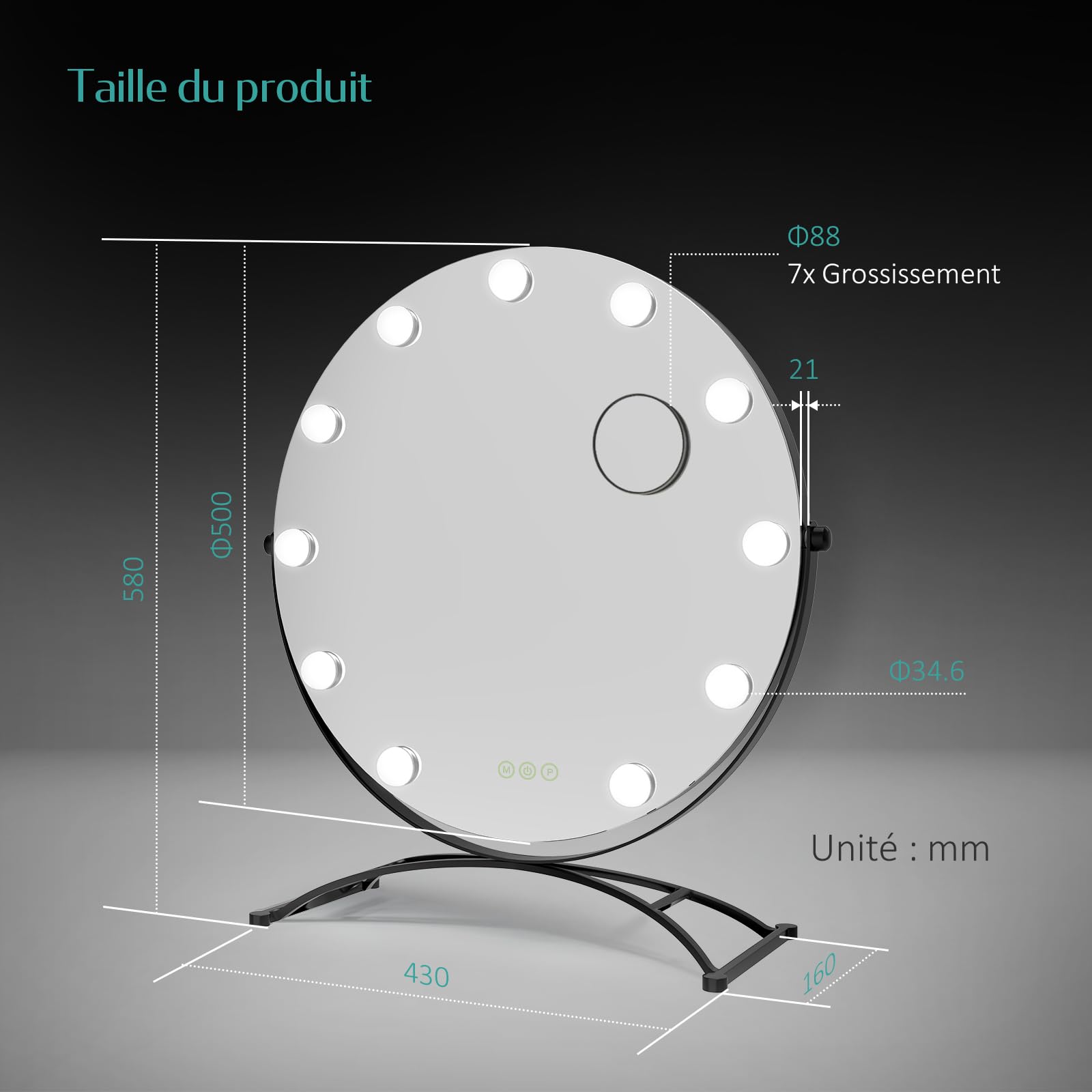 EMKE Hollywood - Espejo de Maquillaje Redondo, diámetro 50 cm, Marco Negro, Espejo de Aumento 7 x con 11 Bombillas LED, Interruptor táctil, rotación 360°, luz 3000K/4000K/6500K