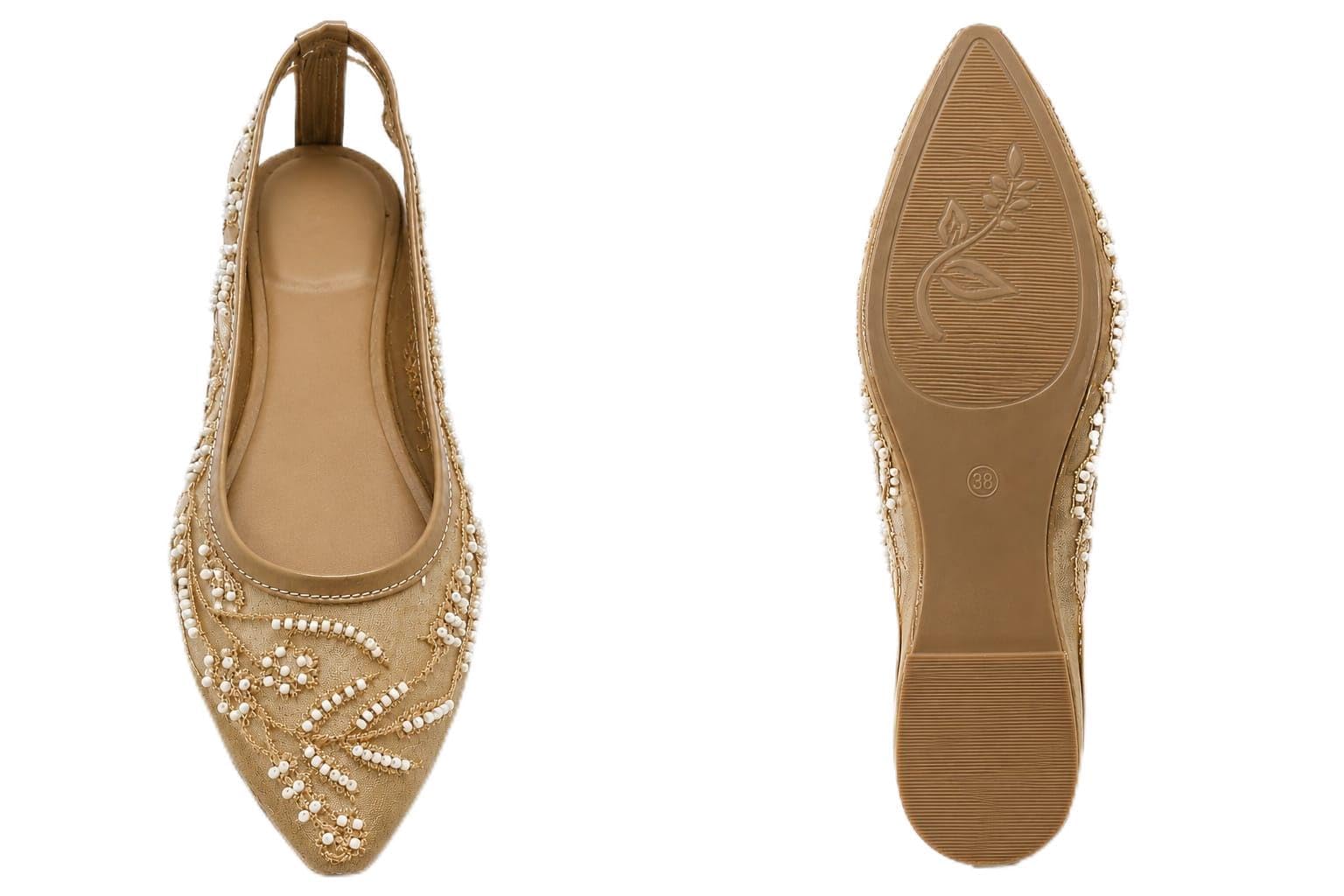 Women's Pearl Embellished Pointed Toe Ballet Flats, Gold-image-8