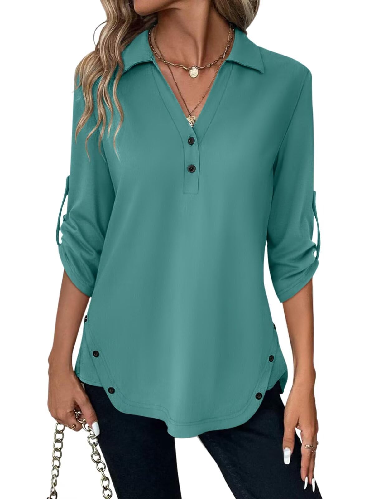 TICTICMISS Women's 3/4 Length Rolled Sleeve Tunic Tops Collared V Neck T Shirts Both Side Buttons Blouses