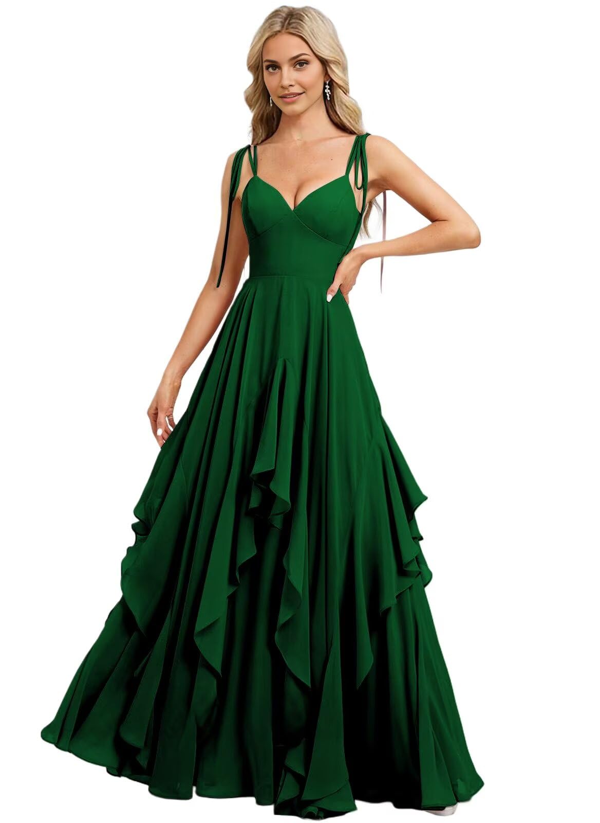 IMCACTOR Ruffle Bridesmaid Dress for Women Long Chiffon Spaghetti Strap Formal Dress IMR074