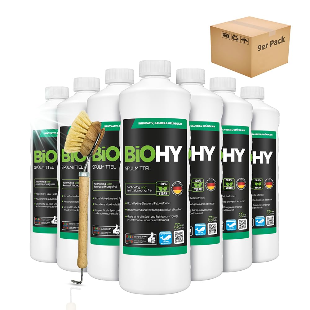 BiOHY Lavavajillas a mano (9 botellas de 1 litro) + Bomba dispensadora | Libre de fosfatos | libre de químicos dañinos y biodegradables | Adecuado para la restauración y el hogar (Spülmittel)