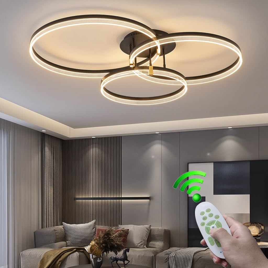 62W LED Plafondlamp Modern 40cm, Ring Design 3 Lichts, Woonkamer Plafondlamp Dimbaar met Afstandsbediening, 3000K-6000K, 4800LM, Aluminium en Acryl Plafondlamp voor Slaapkamer,zwart