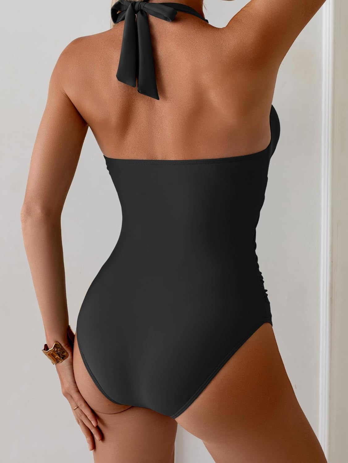 Women's One Piece Halter Swimsuit Tummy Control Ruched Slimming Bathing Suit Scalloped Swimwear - Image 2