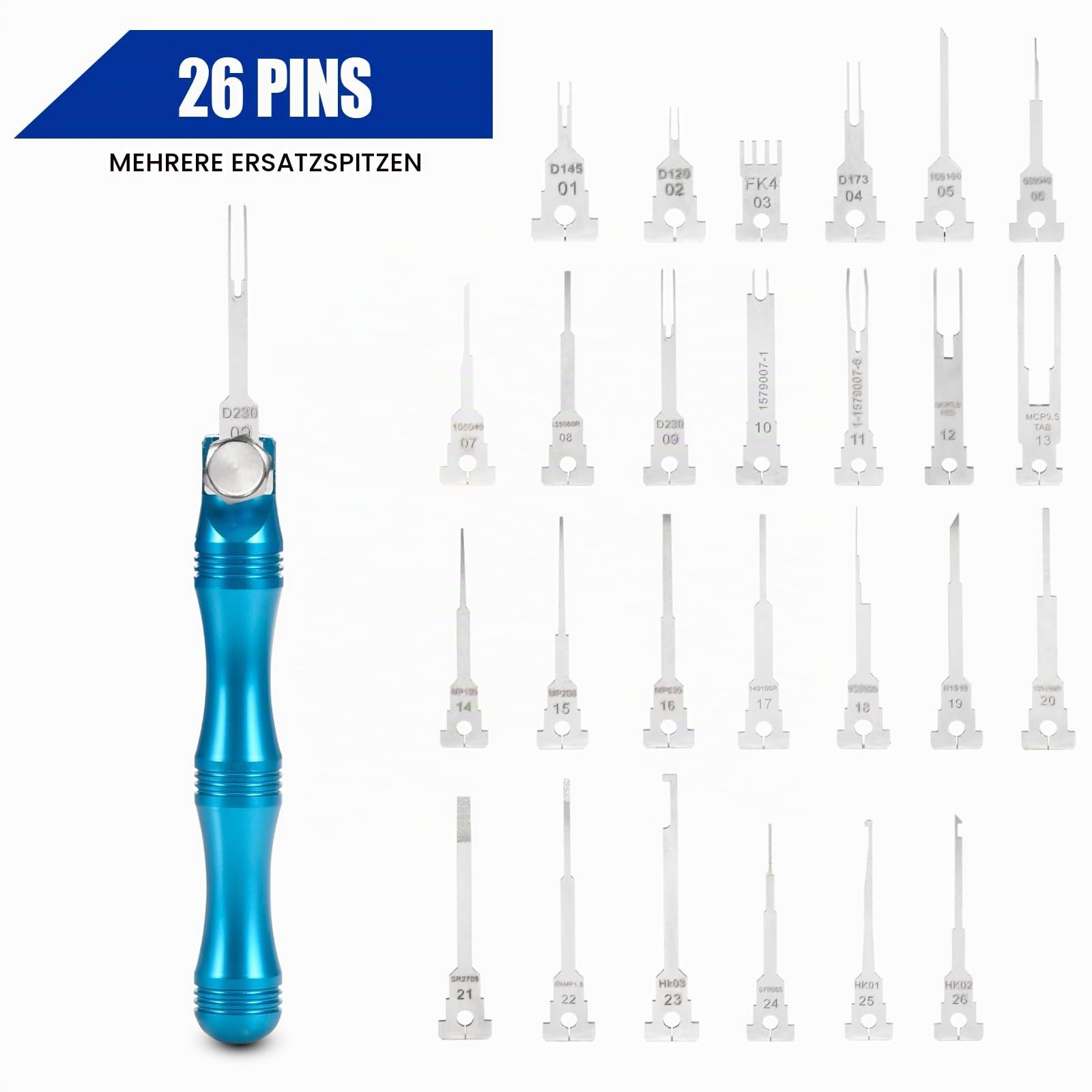 26-TLG. Auspinnwerkzeug Set für Deutsch AMP TE Molex Delphi Stecker | Terminal Removal mit 26 Aufsätze & 1 Griff, Ideal für Kfz-Kabelbäume, Motorräder & Elektronik, Robuste gehärtete Stahlspitzen