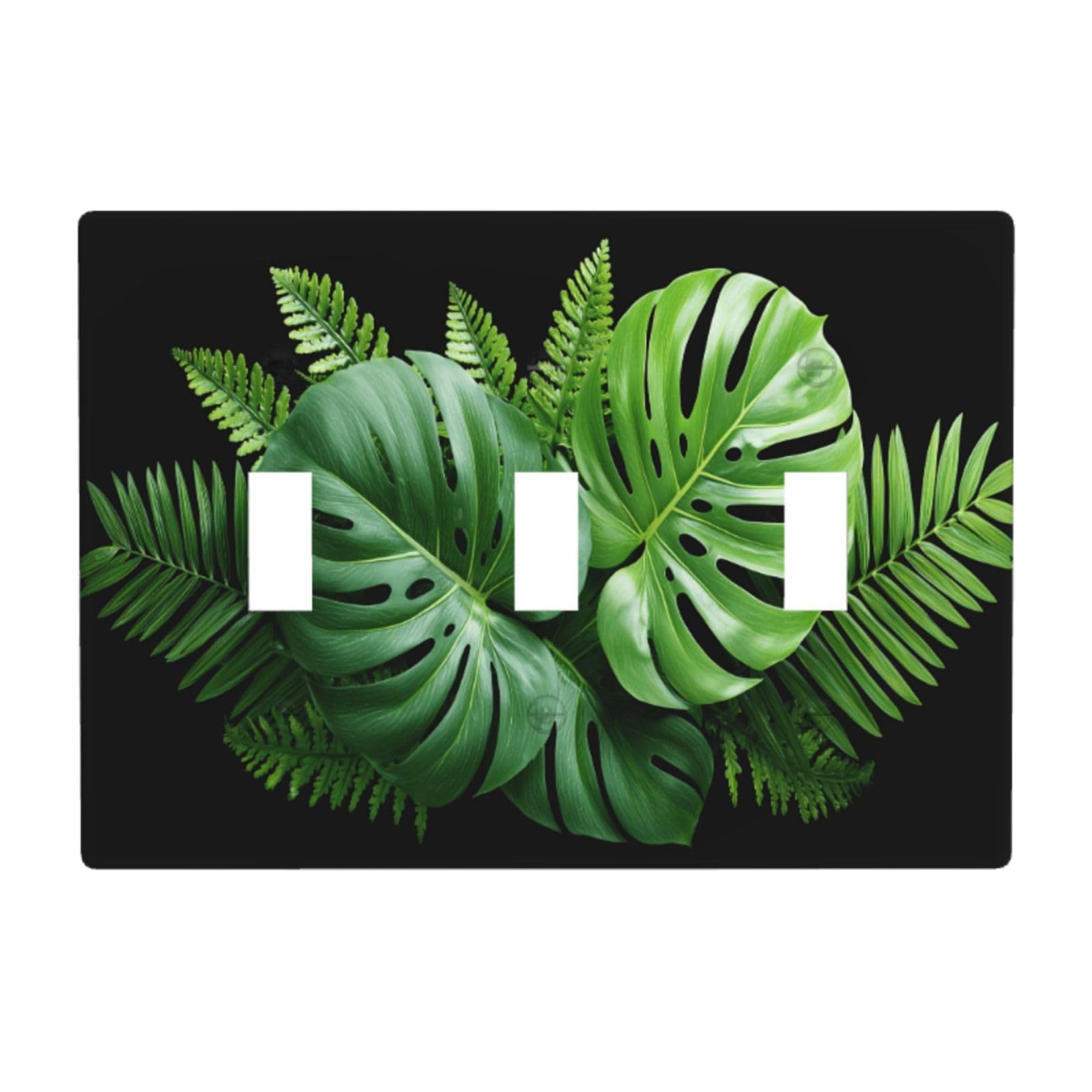 Woshuwo White Tropical Plants Green Leaves Monstera Palm Light Switch Covers 3 Gang Triple Toggle Wall Plate Switchplate Electrical Faceplate For Bathroom Kitchen Bedroom Decor