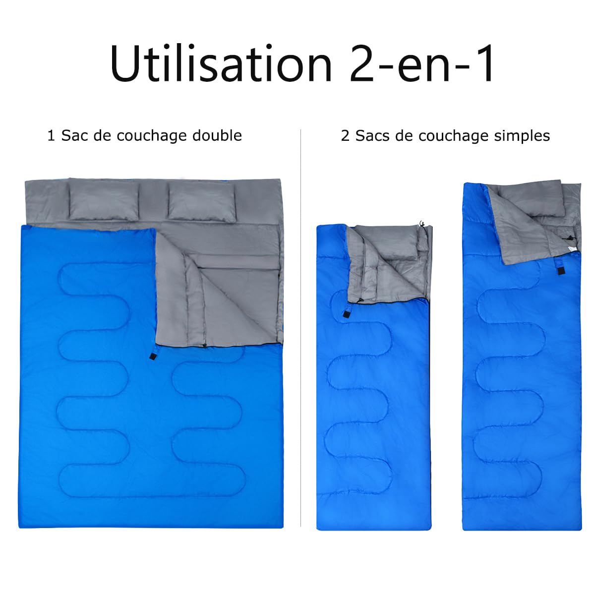 GYMAX Sac de Couchage Adulte pour 2 Personnes avec Oreillers | Imperméable et Léger pour Camping et Randonnée, 3 Saisons, Rectangulaire Spliceable, Fermetures Éclairs, 220 x 150 cm