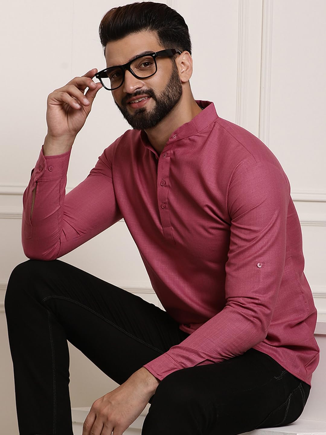 Sojanya (Since 1958, Men's Cotton Blend Dark Coral Solid Only Short Kurta