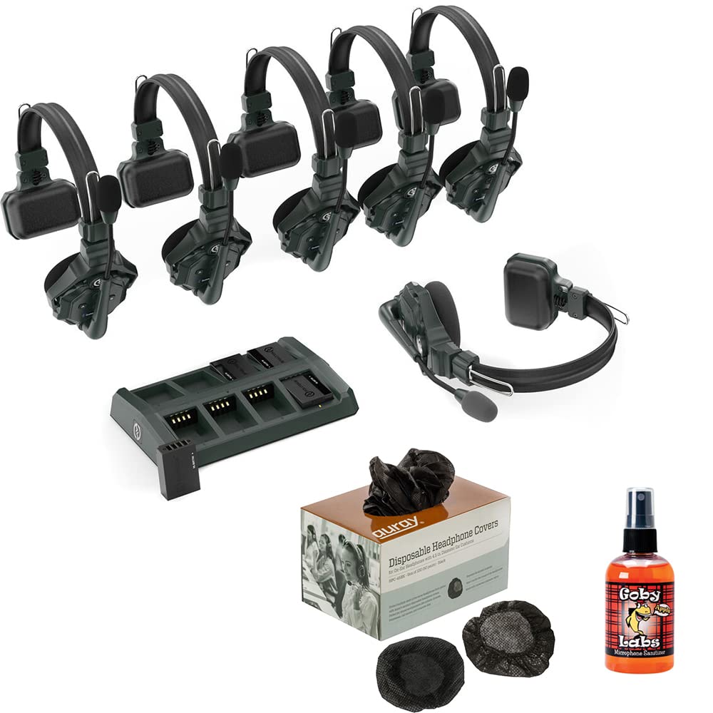Hollyland Solidcom C1-6S Full Duplex Wireless Intercom System with 6 Headsets Bundle with Auray Disposable Over-Ear Headphone Covers (50-Pairs) and Sanitizer Spray