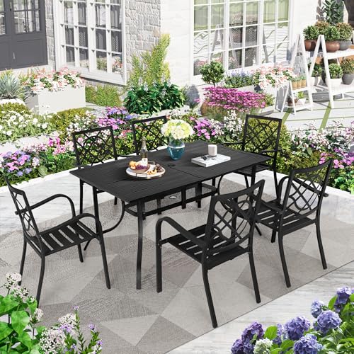 Incbruce 7 Pcs Outdoor Dining Set Wrought Iron Patio Dining Set, Dining Furniture Set (6 Dining Chair and 1 Rectangular Table with 1.57" Umbrella Hole) for Garden,Backyard(Metal Tabletop)