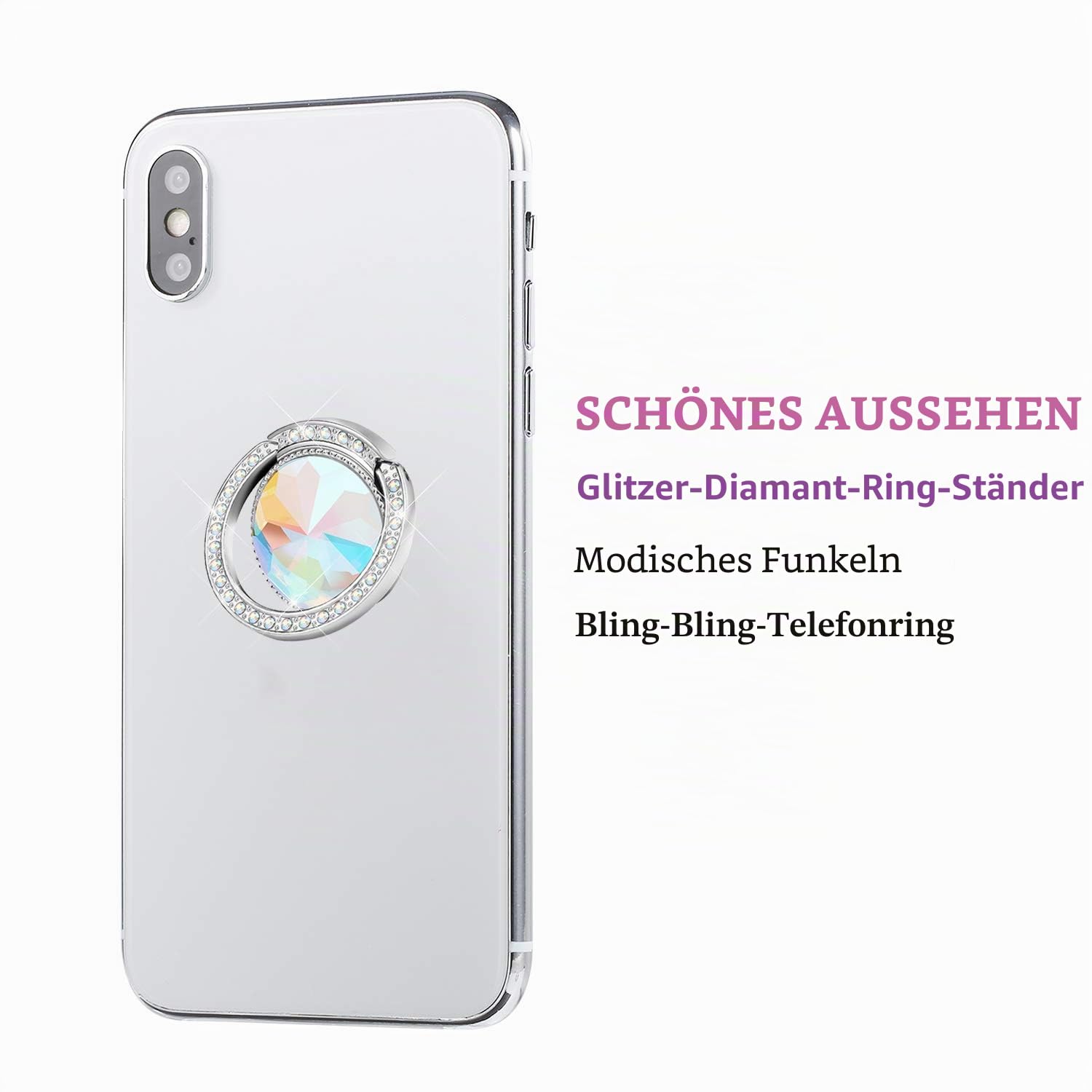 Glitzer Bling Bling Handy Ring Fingerhalterung, Funkeln Handyringhalterung Finger Künstlicher Diamantständer, Strasszellen Handyring für Telefone, Pad (Silber)