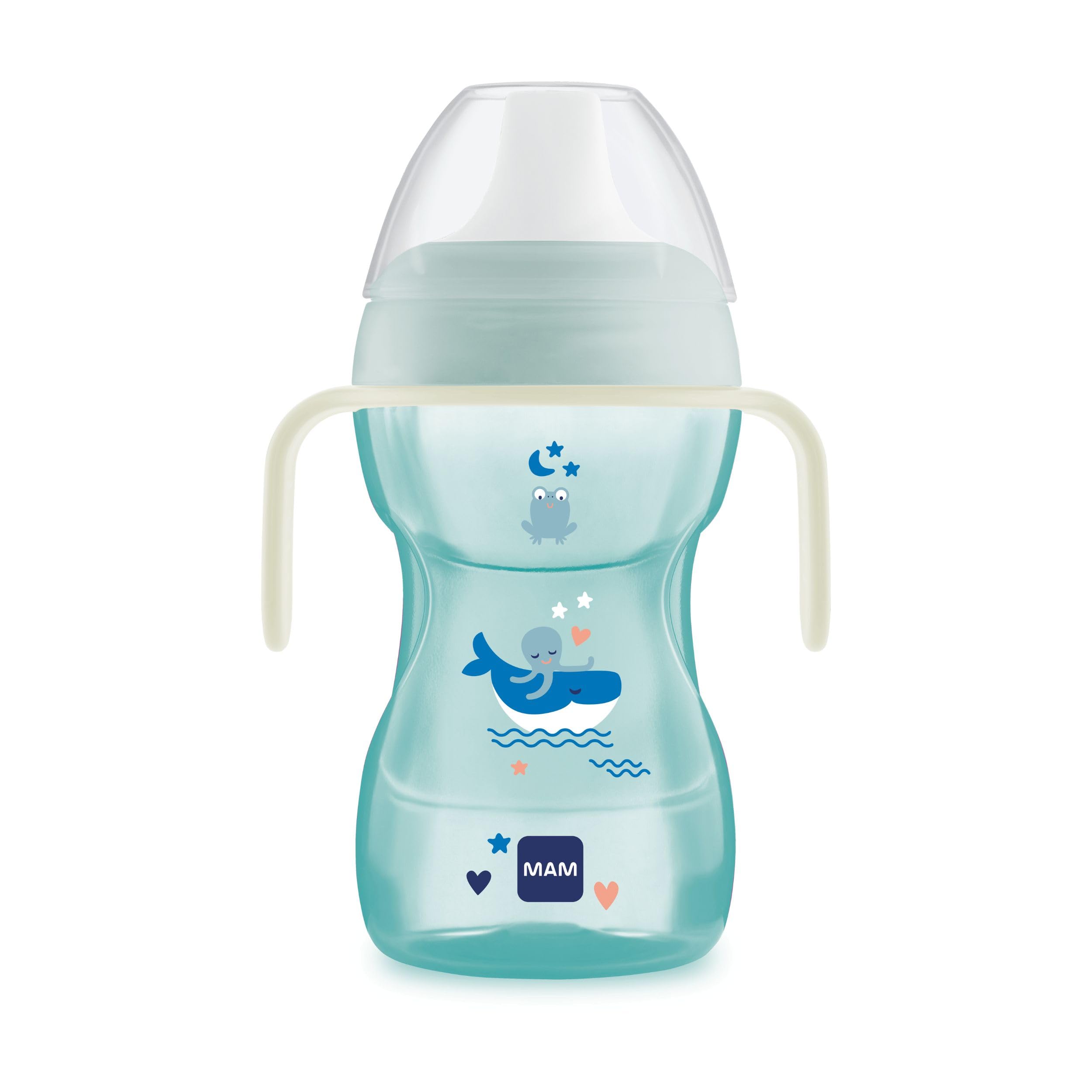 MAM Fun to Drink Cup Night Tazza bambini 270 ml, Biberon acqua per neonati 8+ mesi con manici che si illuminano al buio, Borraccia neonato con beccuccio antigoccia e valvola per flusso libero, Azzurro