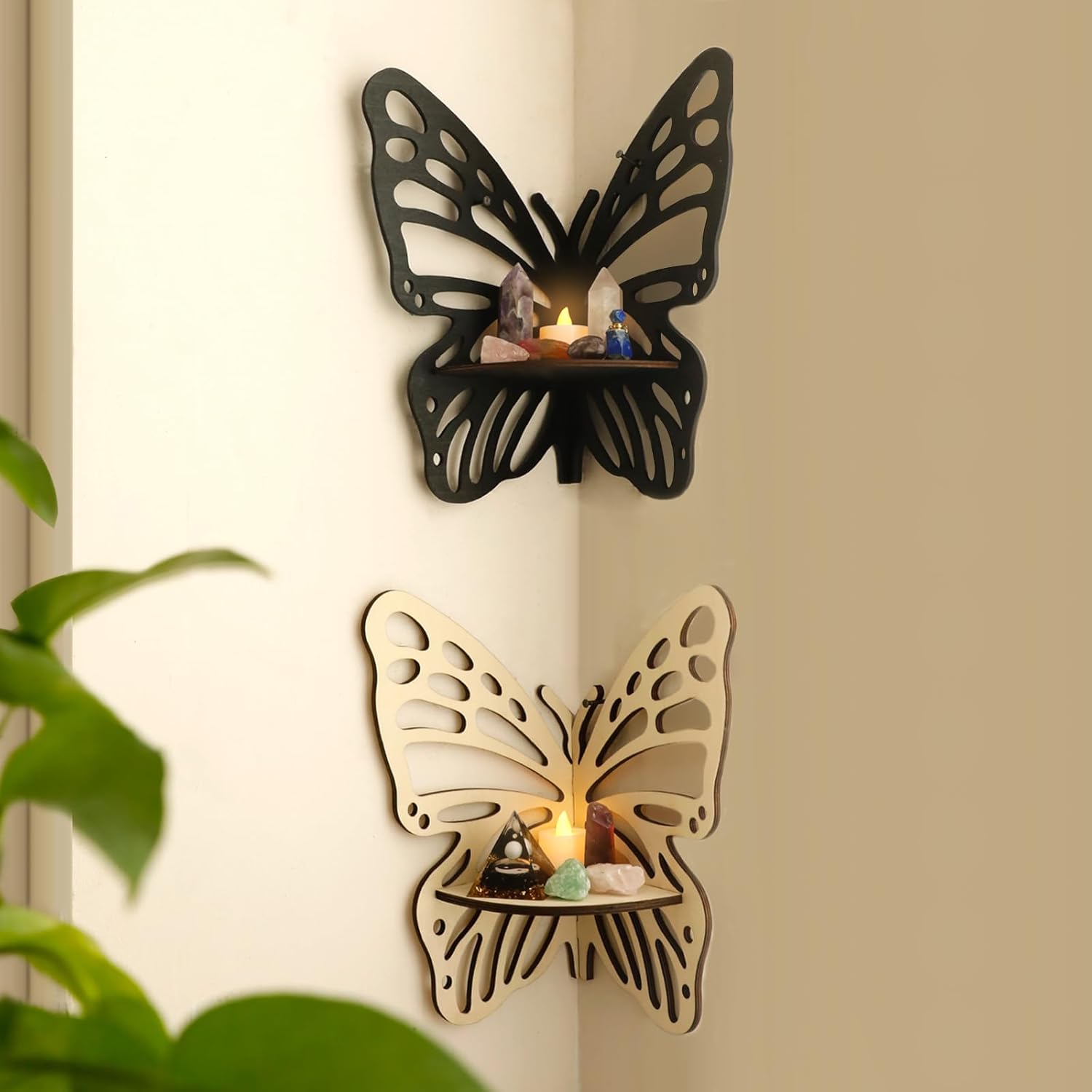Artilady Butterfly Crystal Shelf - 2 PCS Black Wall Corner Shelf Crystal Display Shelf Floating Shelves for Bedrooms Boho Cute Bathroom Kitchen Office Living Room Decor Aesthetic Witchy Gift