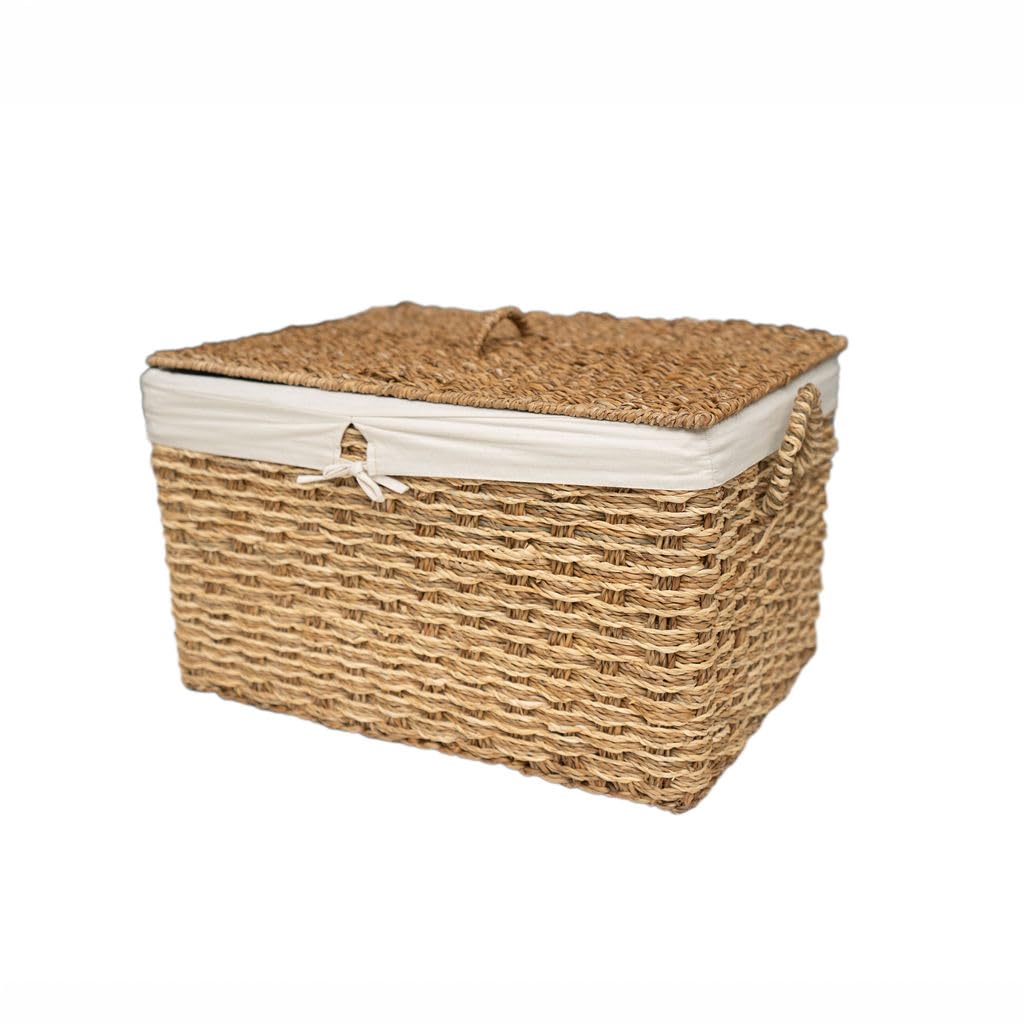 Arthur Cameron Natural - Feni Lidded Seagrass Storage Basket – Home Decor Storage For Farmhouse Living Room Accessories & Toy Storage (Small)