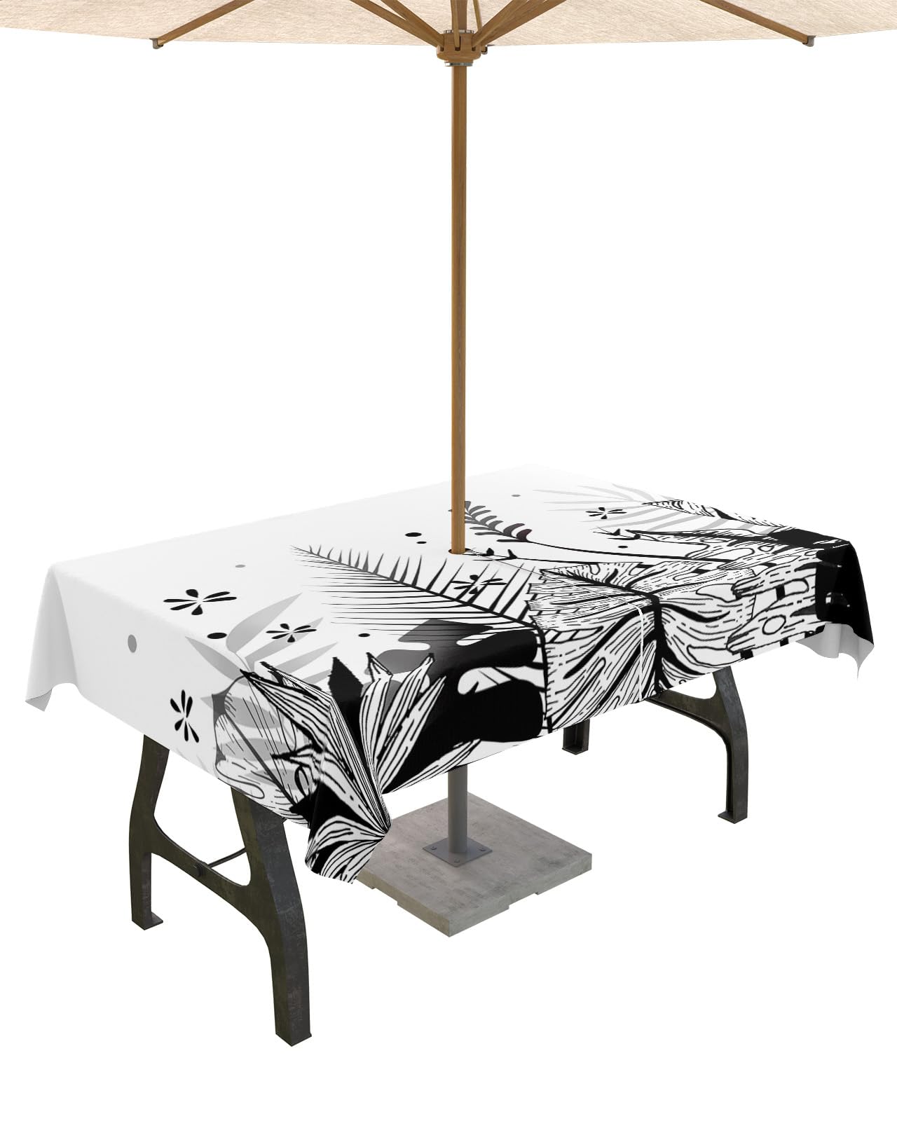 Boho Floral Botanical Outdoor Tablecloths with Umbrella Hole and Zipper, Waterproof/Stain Resistant Rectangle Table Cloth 60x120 Patio Table Cover for Picnic Modern Abstract Bohemian Flowers Leaves