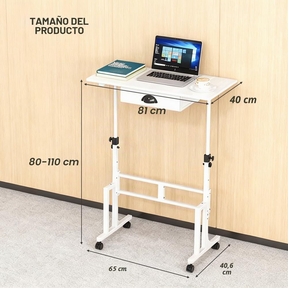 Escritorio Ajustable con Cajón de Tela y Ruedas | Altura regulable de 80 a 110 cm, Superficie de 81 × 40 cm, Blanco, 4 Niveles de Ajuste, Ideal para Trabajo y Estudio