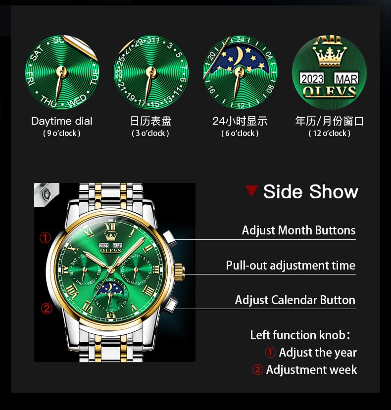 Image of OLEVS Watches for Men Automatic Mechanical Self Winding Dress Wrist Watch Multifunction Calendar Waterproof Luminous