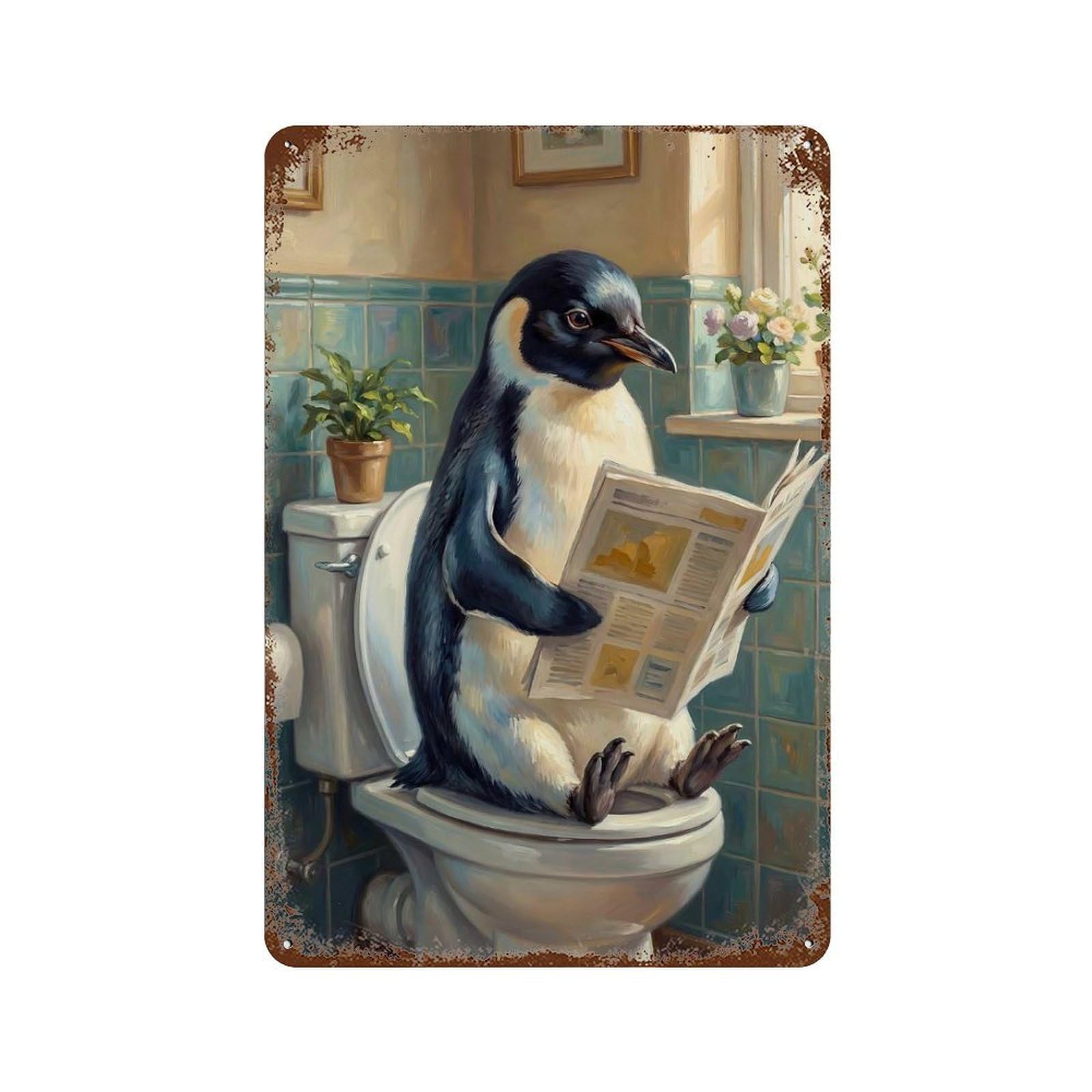 Rust Effect Penguin Reading Newspaper on Toilet Rustic Tin Plaque 11.8"x7.9", Industrial Home Decor for Bistro, Counter And Cafe Decor