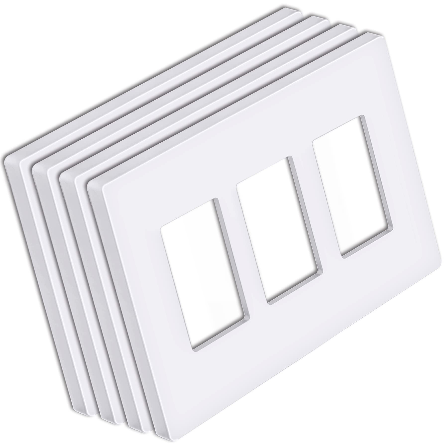 [4 Pack] BESTTEN 3-Gang Modern Designer Mid Size Screwless Wall Plate, USWP6 Gloss Snow White Series, Unbreakable Midway Outlet Cover, Impact Resistant Switch Plate, H4.88” x W6.74”