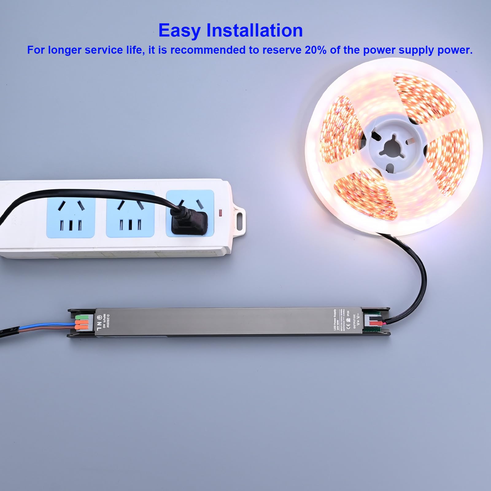 Alimentatore LED 24V 60W, Trasformatore Ultra Sottile 2.6cm, Converte AC 200-240V a DC 24V 2.5A, Alimentazione per IP30 Non Impermeabile Interni Strisce LED