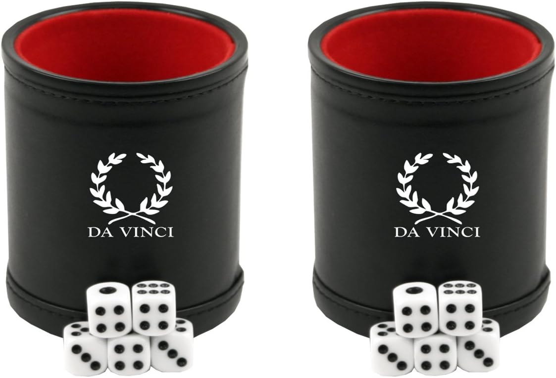 DA VINCI Professional Dice Cup with 5 Dice. Black Leatherette Exterior with Velvet Interior (Red-2-Pack)