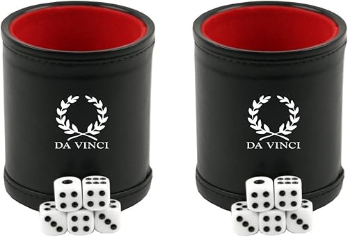 DA VINCI Taza de dados profesional con 5 dados. Exterior de cuero sintético negro con interior de terciopelo (rojo, paquete de 2 unidades)