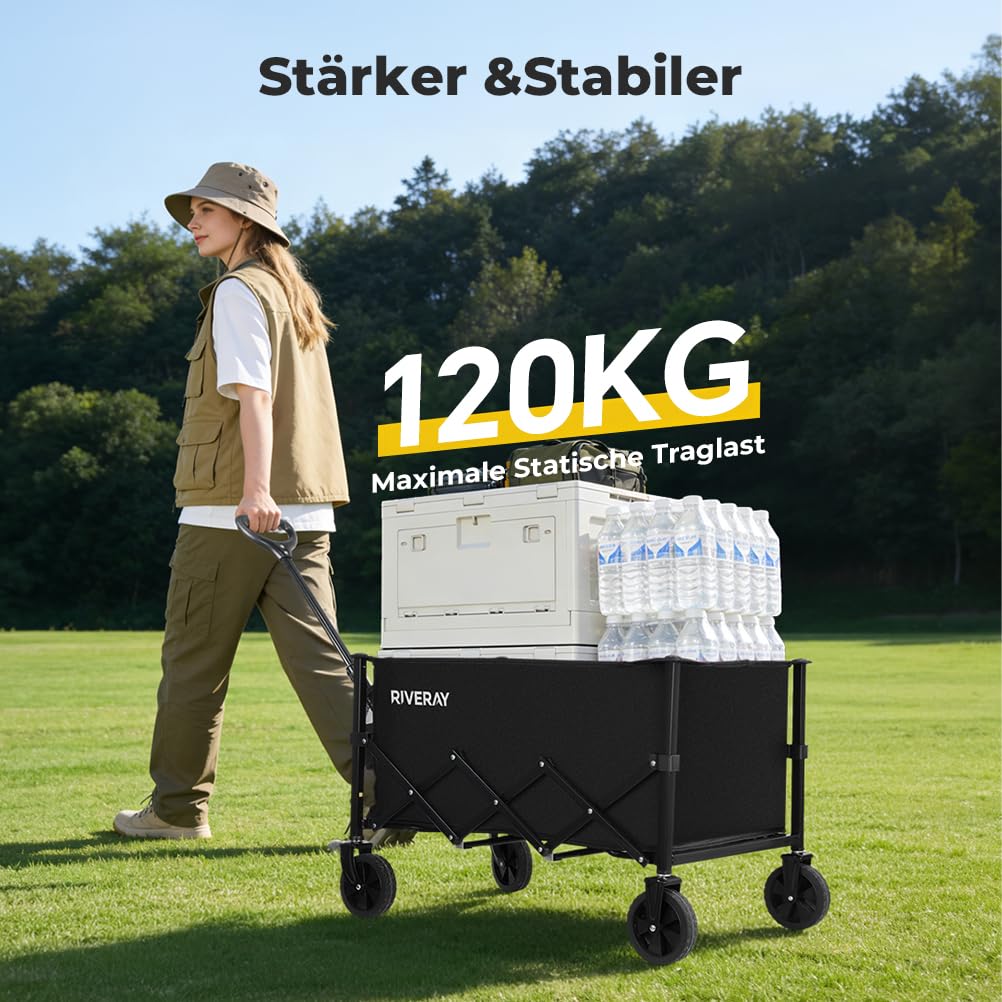 Bollerwagen Faltbar 120L 120KG, Klappbarer Bollerwagen mit Abnehmbarer Stofftasche Verstellbarem Griff, Faltbarer Handwagen All Terrain Rädern für Camping, Garten, Outdoor, Einkauf