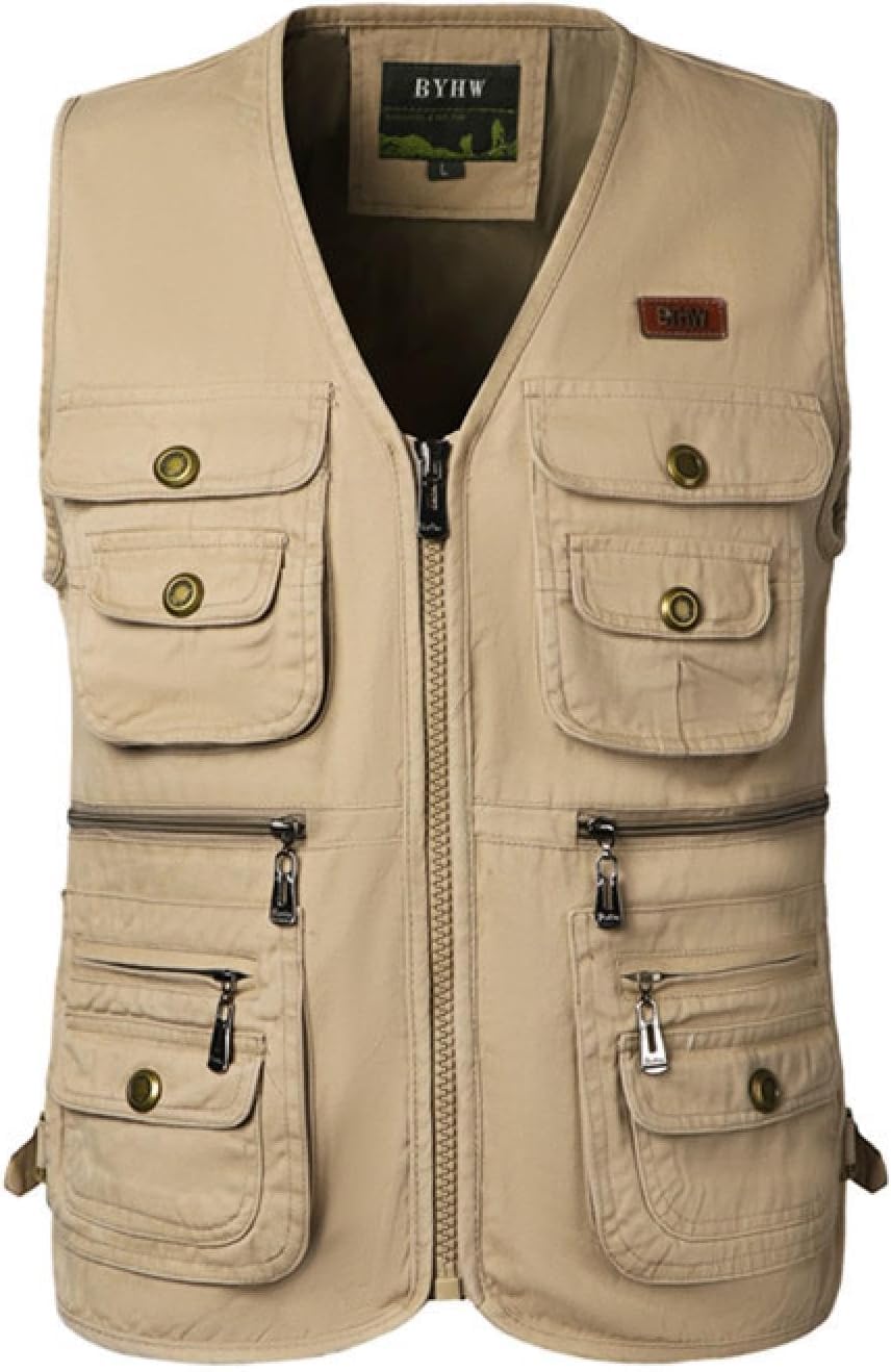 Kamizelki Męska bawełniana kamizelka Gruba kamizelka fotograficzna z wieloma kieszeniami Kurtka oversize(Khaki,L)
