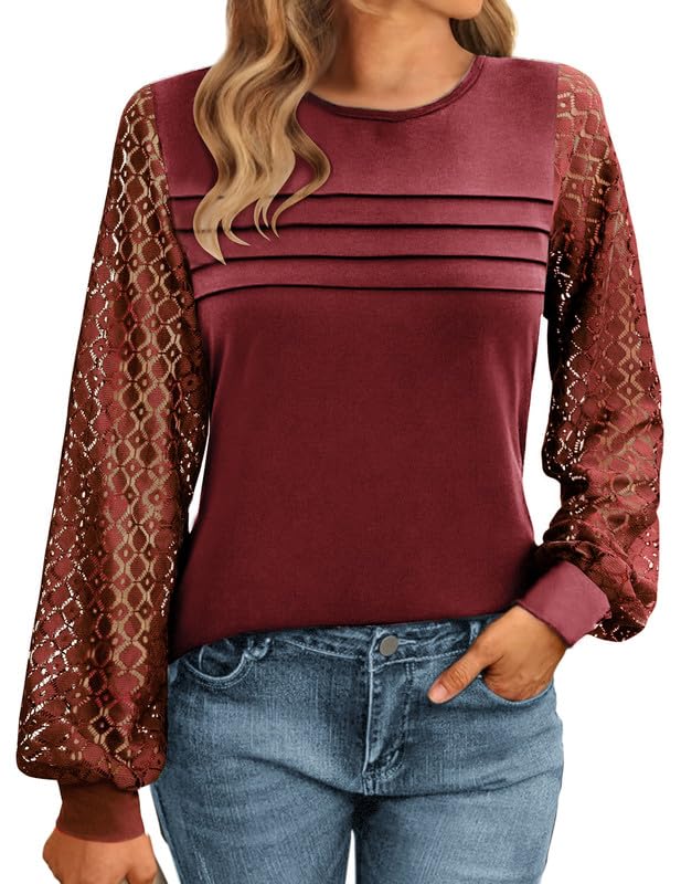 Women Long Sleeve Shirts Dressy Lace Fall Tops 2025 Trendy Casual T-Shirts Cute Work Outfits Blouses