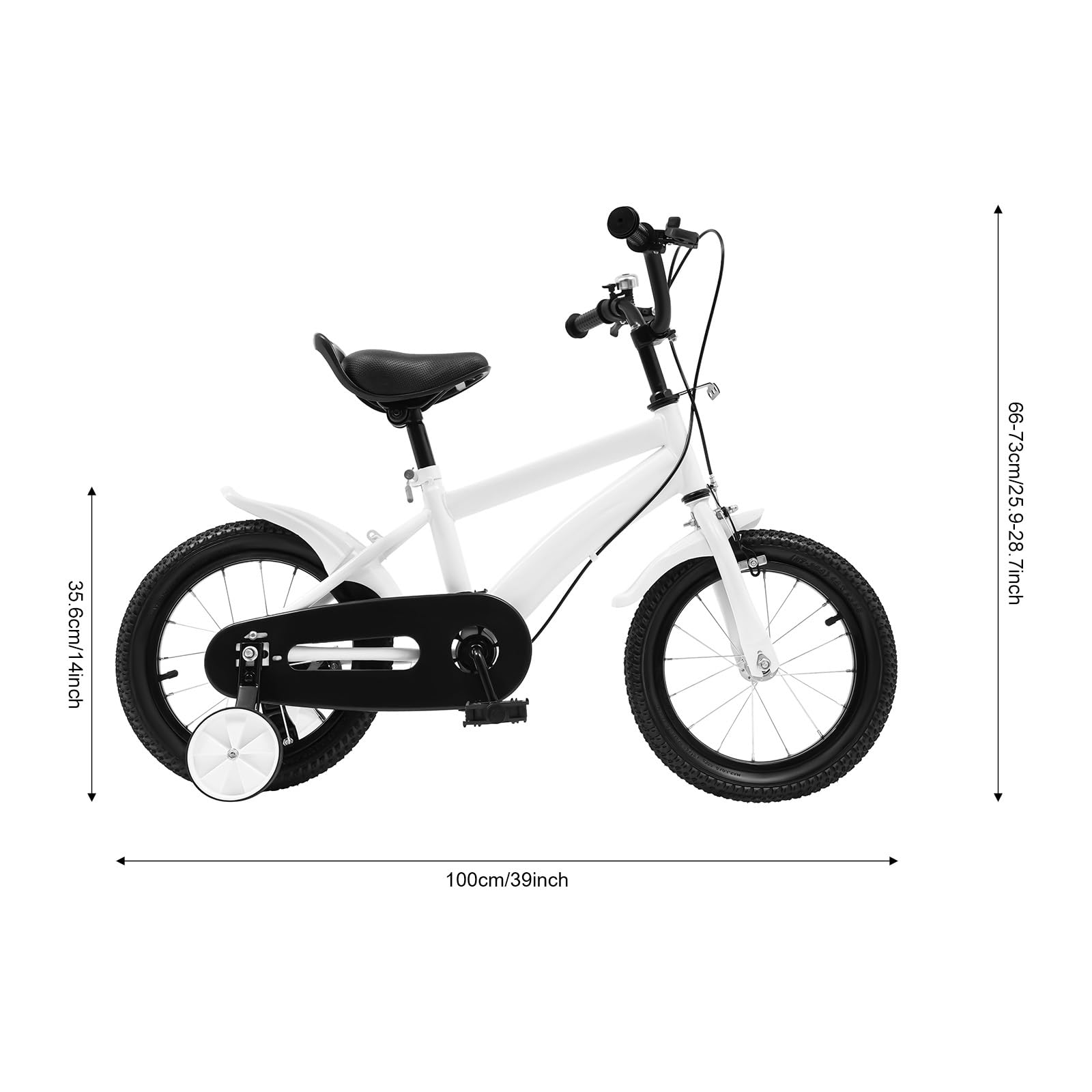 Bicicleta Niño 14 Pulgadas Blanco Ruedas Estabilizadoras Manillar | Marco acero, ruedas de 14", ruedas estabilizadoras, frenos delanteros/traseros, asiento y manillar ajustables