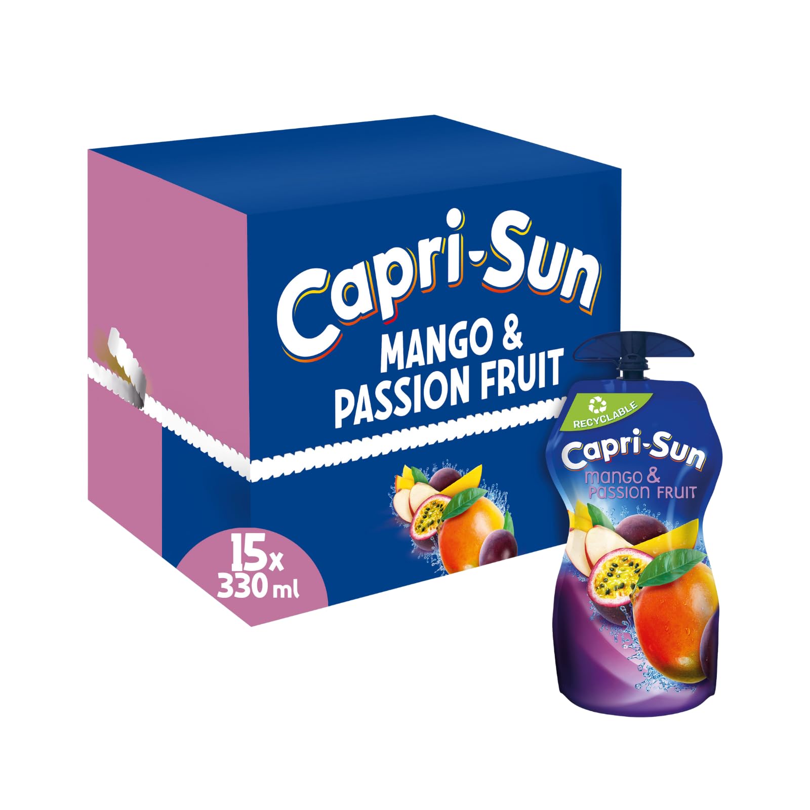 Capri-Sun Mango & Passion Fruit Juice Drink Multipack (15 x 330ml) Big Pouches with Resealable Cap - Made with Real Fruit Juice - No Preservatives, Artificial Colours, or Flavours - Vegan, Gluten Free