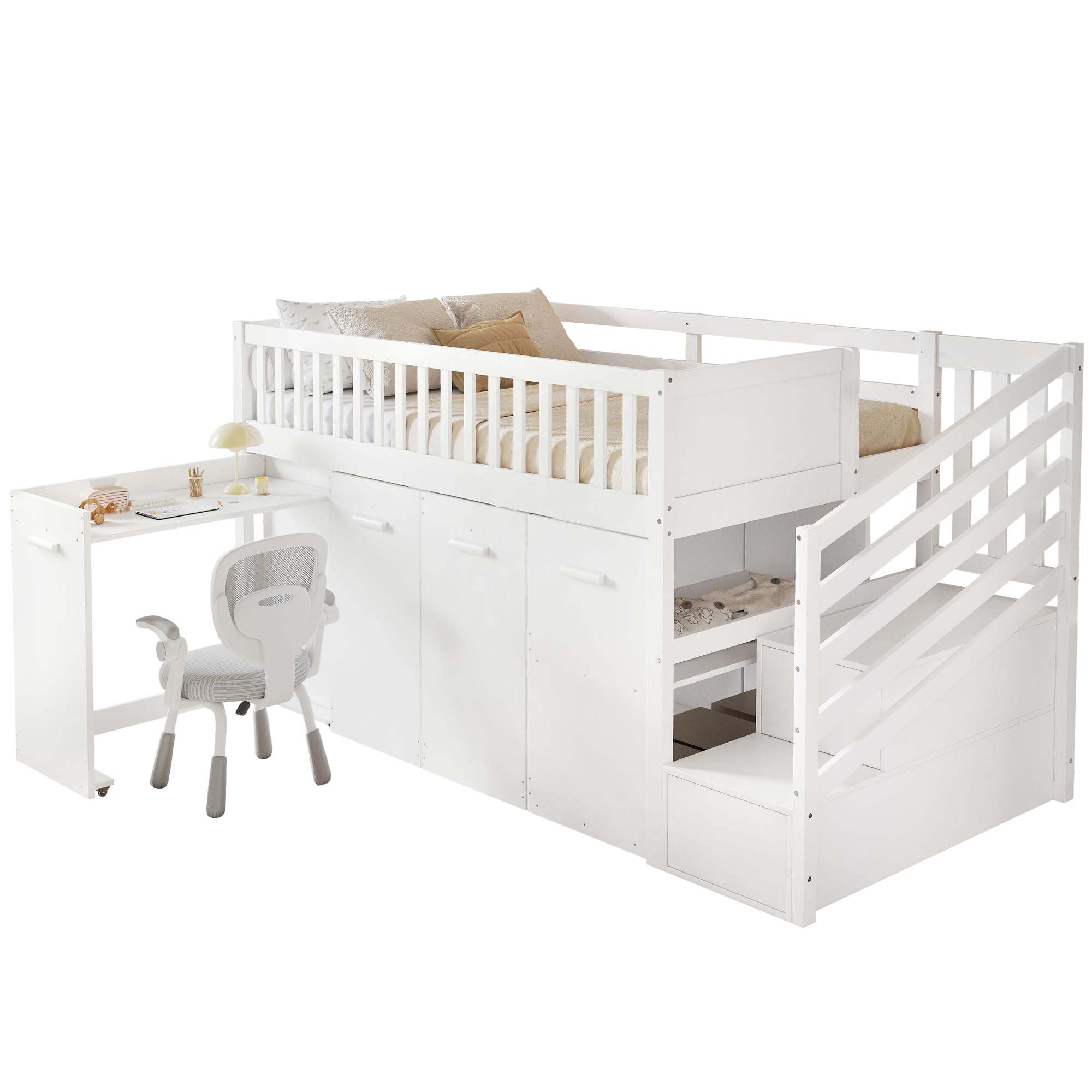 90x200cm, Weiß,Etagenbett, Multifunktionsbett, Hochbett mit Schreibtisch und Schrank, Ausziehbarer Schreibtisch Kinderhochbett, Bett mit Schreibtisch, Kinder Bett